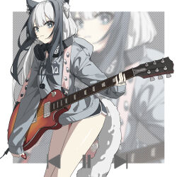 1girl animal_ear_fluff animal_ears bare_legs black_headphones blue_eyes blunt_bangs blush border cat_ears cat_girl cat_tail cowboy_shot dice ear_piercing electric_guitar grey_hair grey_hoodie grin guitar gun_sling halftone headphones headphones_around_neck highres holding holding_instrument holding_plectrum hood hood_down hoodie instrument jewelry long_hair long_sleeves looking_at_viewer multicolored_hair multiple_rings necklace original pause_button piercing plectrum print_hoodie qtian ring short_shorts shorts sidelocks sleeve_cuffs sleeves_past_wrists smile solo star-shaped_pupils star_(symbol) symbol-shaped_pupils tail teeth thighs two-tone_hair white_border white_hair zoom_layer