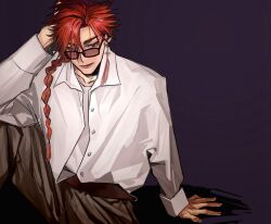1boy absurdres arm_support belt black_belt black_pants boooling braid braided_ponytail chinese_commentary collarbone collared_shirt dress_shirt earrings feet_out_of_frame glasses hand_in_own_hair highres jewelry knee_up long_hair long_sleeves looking_at_viewer male_focus open_collar pants purple_background red_eyes red_hair shiguang_dailiren shirt simple_background single_braid single_earring sitting smile solo spiked_hair tassel tassel_earrings teeth white_shirt xiao_weiying