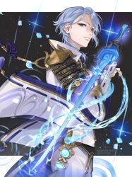 1boy almightyx124 arm_guards armor black_armor black_gloves blue_hair blue_petals closed_mouth coat cowboy_shot genshin_impact gloves gold_trim hair_between_eyes hand_up holding holding_sword holding_weapon hydro_symbol_(genshin_impact) japanese_armor kamisato_ayato letterboxed long_sleeves looking_at_viewer male_focus medium_hair mole mole_under_mouth outside_border pants parted_bangs popped_collar purple_eyes purple_shirt ribbon-trimmed_sleeves ribbon_trim serious shirt shoulder_armor sode solo standing sword tailcoat tassel twitter_username vision_(genshin_impact) weapon white_coat white_pants wide_sleeves