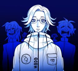 Rule 34 | aotsuki eito, blue background, blue eyes, closed mouth, creepy, drawstring, eyebrows, eyelashes, glasses, highres, looking at viewer, melting, parted hair, simple background, the hundred line -last defense academy-, upper body, white hair, zipper, zipper pull tab