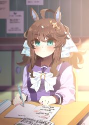 1girl absurdres ahoge amane_hikari animal_ears blurry blurry_background blush breasts closed_mouth commentary_request commission daring_tact_(umamusume) hair_between_eyes hair_ornament highres horse_ears horse_girl looking_at_viewer mask medium_breasts notebook pen school_uniform skeb_commission solo star_(symbol) star_hair_ornament table tracen_school_uniform umamusume writing