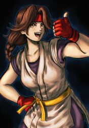 1girl braid braided_ponytail breasts brown_eyes brown_hair dougi female_focus fingerless_gloves gloves hairband karate_gi large_breasts leather long_hair masan masanart_ open_mouth pale_skin pants ponytail smiley_face the_king_of_fighters thumbs_up wide_hips yuri_sakazaki