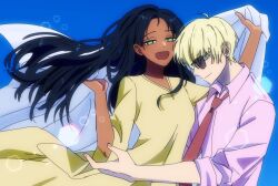 Rule 34 | 1boy, 1girl, :d, black hair, blonde hair, blue background, blue eyes, blurry, bokeh, char aznable, closed mouth, cloth, collared shirt, commentary request, dark-skinned female, dark skin, depth of field, dress, green eyes, gundam, gundam gquuuuuux, hair down, hetero, holding cloth, kongryong, korean commentary, lalah sune, long hair, long sleeves, necktie, open mouth, pink shirt, red necktie, shirt, short hair, simple background, smile, sunglasses, v-neck, wide sleeves, wing collar, yellow dress
