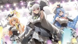 3girls akabino animal_ears anniversary armpits black_hat blonde_hair blue_archive blue_eyes blue_hair blush breasts green_eyes halo hat highres idol large_breasts long_hair looking_at_viewer mari_(blue_archive) mari_(idol)_(blue_archive) mine_(blue_archive) mine_(idol)_(blue_archive) multiple_girls official_art open_mouth red_eyes sakurako_(blue_archive) sakurako_(idol)_(blue_archive) small_breasts stage yellow_halo