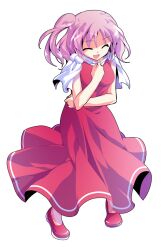 1girl :d ^_^ closed_eyes commentary_request dairi dress full_body hand_up large_variant_set one_side_up open_mouth purple_hair red_dress red_shoes sara_(touhou) shoes short_hair sleeveless sleeveless_dress smile solo standing touhou touhou_(pc-98) transparent_background variant_set
