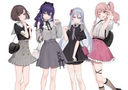 1other 4girls absurdres akiyama_mizuki androgynous asahina_mafuyu bag black_bow black_ribbon blue_eyes blue_hair bow brown_eyes brown_hair dress frills grey_hair grey_skirt hair_bow hair_ornament hairclip hamunezuko_(nezukonezu32) handbag heart highres jirai_kei long_hair looking_at_viewer multiple_girls necktie one_eye_closed open_mouth pink_bow pink_eyes pink_hair ponytail project_sekai puffy_sleeves purple_eyes purple_hair ribbon shinonome_ena shirt short_hair short_sleeves side_ponytail simple_background skirt smile socks thighhighs white_background white_bow white_shirt yoisaki_kanade