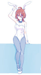 1girl absurdres agnes_tachyon_(umamusume) ahoge animal_ears arm_up bare_shoulders breasts brown_hair cleavage closed_mouth full_body grey_background grey_pantyhose hair_between_eyes hand_on_own_ear high_heels highres kemonomimi_mode leotard looking_at_viewer medium_breasts pantyhose playboy_bunny rabbit_ears red_eyes seila_rei shoes solo strapless strapless_leotard two-tone_background umamusume white_background white_leotard white_shoes wrist_cuffs
