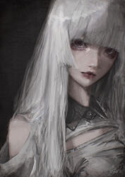 1girl absurdres arai_bokuseki black_background black_eyes blunt_bangs closed_mouth clothing_cutout collared_shirt commentary_request expressionless grey_shirt highres hime_cut lips long_hair looking_at_viewer original portrait shirt shoulder_cutout simple_background solo white_hair