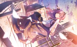 Rule 34 | 1girl, bag, black ribbon, blurry, brown bag, brown shoes, building, cloud, colorful palette, depth of field, dress, dutch angle, full body, game cg, hair ribbon, highres, holding, holding bag, long hair, long sleeves, momoi airi, neck ribbon, official alternate costume, official art, pink hair, project sekai, puffy long sleeves, puffy sleeves, re-tie friendship (project sekai), red eyes, ribbon, shoes, solo, third-party source, two side up