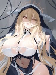 1girl absurdres azur_lane black_gloves black_veil blonde_hair breast_cutout breasts cleavage covered_navel dress fake_horns gloves hair_between_eyes half_gloves highres horns huge_breasts implacable_(azur_lane) long_hair long_hair_between_eyes looking_at_viewer nun open_mouth pelvic_curtain red_eyes revealing_clothes solo two-tone_dress veil very_long_hair white_horns xiao_feifei