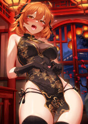 Rule 34 | 1girl, absurdres, ahoge, bare shoulders, black dress, black gloves, black panties, black thighhighs, blush, breasts, china dress, chinese clothes, covered navel, double bun, dress, fate/grand order, fate (series), fujimaru ritsuka (female), gloves, gold trim, hair bun, heart, heart hands, highres, hip dips, large breasts, looking at viewer, m-da s-tarou, one side up, open mouth, orange eyes, orange hair, panties, partially visible vulva, pelvic curtain, short dress, short hair, side-tie panties, smile, solo, thighhighs, tongue, underwear, wedgie