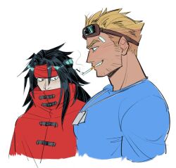 2boys black_hair blonde_hair blue_eyes cid_highwind cigarette cloak dog_tags facial_hair final_fantasy final_fantasy_vii girl_staring_at_guy&#039;s_chest_(meme) goggles goggles_on_head grin hair_between_eyes headband long_hair looking_at_another male_focus meme multiple_boys red_cloak red_eyes red_headband short_hair smile stubble teeth unlckdrat upper_body vincent_valentine white_background