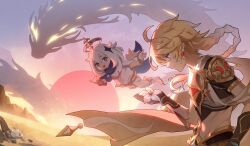 1boy aether_(genshin_impact) ahoge apep_(genshin_impact) black_scarf blonde_hair braid clear_water desert earrings eyed_silhouette floating flower genshin_impact hair_ornament halo highres jewelry paimon_(genshin_impact) scarf silhouette single_earring white_flower white_hair white_romper
