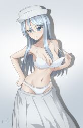 1girl absurdres blue_eyes blue_hair blush bra breasts closed_mouth collarbone flint_(girls_und_panzer) flintard girls_und_panzer hat highres large_breasts long_hair looking_at_viewer navel panties simple_background skirt smile solo underwear white_bra white_panties