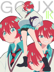 1girl absurdres amate_yuzuriha beanie black_boots black_hat black_shorts boots cat_thankyou full_body green_eyes green_shirt green_skirt grey_sweater gundam gundam_gquuuuuux hair_over_one_eye haro hat highres miniskirt multiple_views pleated_skirt red_hair shirt short_hair shorts simple_background skirt smile sweater unworn_hat unworn_headwear white_background