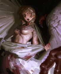 1girl blonde_hair blood blood_on_chest blood_on_mouth breasts chimera commentary commentary_request dungeon_meshi english_commentary falin_touden falin_touden_(chimera) fang faux_traditional_media feathered_wings feathers highres kaworuwu53 looking_at_viewer medium_hair monster_girl open_mouth painterly scales sideboob solo stomach tearing_clothes torn_clothes underboob white_feathers wings yellow_eyes