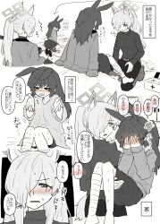 2girls absurdres animal_ear_fluff animal_ears bandaged_leg bandages barefoot blue_archive blush breasts carrying commentary_request covering_face dog_ears dog_girl dog_tail extra_ears female_sensei_(blue_archive) female_sensei_(blue_archive)_(senta_(ysk_0218)) first_aid gun hair_intakes hair_over_one_eye halo highres holding holding_gun holding_weapon jacket jacket_on_shoulders kanna_(blue_archive) kneeling long_hair long_sleeves multiple_girls notched_ear outstretched_arms parted_bangs partially_colored ponytail princess_carry puff_of_air rabbit_ears rabbit_tail rifle scrape sensei_(blue_archive) senta_(ysk_0218) skirt spoken_blush sweat tail translation_request weapon yuri