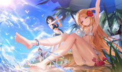 3girls absurdres anklet beach_umbrella bikini black_bikini black_hair blonde_hair blue_eyes blue_sky cartethyia_(wuthering_waves) ciaccona_(wuthering_waves) cloud commentary crab day female_rover_(wuthering_waves) flower green_bikini hair_flower hair_ornament highres holding holding_surfboard jewelry jinbin825 light_rays long_hair multiple_girls navel open_mouth outdoors palm_leaf parted_bangs pointy_ears red_flower red_hair rover_(wuthering_waves) sand short_shorts shorts sky stretching sun surfboard swimsuit tacet_mark_(wuthering_waves) umbrella water white_bikini wuthering_waves yellow_eyes