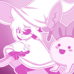 Rule 34 | 1boy, 1other, :d, absurdres, black gloves, blush stickers, cape, eyepatch, gloves, gradient background, hand up, hat, highres, hyroglyph, in stars and time, knife, open mouth, pink background, pink theme, siffrin (in stars and time), smile, sword, tongue, tongue out, turnip boy commits tax evasion, weapon, wizard hat