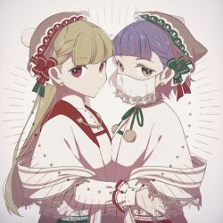 2girls alice&#039;s_spiritual_judge alice_kanzaki brown_eyes brown_hair brown_hat capelet earrings green_ribbon hand_on_another&#039;s_waist hat heart heart_earrings jewelry long_hair looking_at_viewer mizu_(47ssn) mouth_veil multiple_girls nekotsuka_chiaki purple_hair red_eyes red_ribbon ribbon veil white_capelet