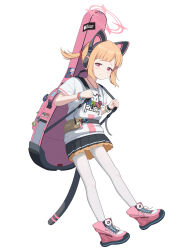 1girl absurdres animal_ear_headphones animal_ears band_shirt black_skirt blonde_hair blue_archive bow bracelet cat_tail closed_mouth dsfr fake_animal_ears fake_tail full_body hair_bow halo headphones highres instrument_case_on_back jewelry large_variant_set looking_at_viewer merchandise millennium_science_school_logo momoi_(blue_archive) necklace official_style pantyhose pink_eyes pink_halo pink_shoes pleated_skirt ponytail shirt shoes short_ponytail simple_background skirt solo tail variant_set waist_bag watch white_background white_pantyhose white_shirt wristwatch