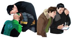 2boys absurdres bara batman batman_(series) black_bodysuit black_cape black_hair blush bodysuit brown_hair brown_jacket bruce_wayne cape closed_eyes closed_mouth couple dc_comics domino_mask fur-trimmed_jacket fur_trim green_bodysuit green_lantern green_lantern_(series) grey_bodysuit hal_jordan haljordanmylove highres holding holding_phone jacket large_pectorals leather leather_jacket looking_at_another male_focus mask multiple_boys muscular muscular_male open_clothes open_jacket pectorals phone short_hair smile superhero_costume teeth two-tone_bodysuit yaoi