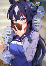 1girl animal_ears apron bandaid blue_hair blush bowl breasts chopsticks commentary_request english_text highres horse_ears horse_girl long_hair looking_at_viewer medium_breasts mole mole_under_eye school_uniform solo table tracen_school_uniform translation_request umamusume verxina_(umamusume) yasume_yukito
