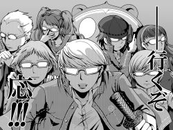 4boys 4girls adjusting_eyewear amagi_yukiko ascot atlus cabbie_hat everyone glasses greyscale gun hanamura_yousuke handgun hat hilt holding holding_sword holding_weapon katana kujikawa_rise kuma_(persona_4) long_hair md5_mismatch monochrome multiple_boys multiple_girls narukami_yu opaque_glasses open_mouth persona persona_4 revolver satonaka_chie school_uniform serious shirogane_naoto short_hair sword tokiwa_(mukoku) weapon white_eyes