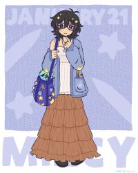 1girl alternate_costume antenna_hair bag black_eyes black_hair black_shoes blue_background blue_bag blue_cardigan blush border bright_pupils brown_skirt cable_knit camisole captain_spaceboy cardigan cardigan_partially_removed character_doll character_name closed_mouth commentary copyright_name doll donuqx double-parted_bangs english_commentary finger_to_own_chin fingernails flat_chest flat_color frilled_camisole frilled_skirt frills full_body glasses hair_between_eyes hair_ornament hands_up highres holding holding_bag index_finger_raised jewelry long_skirt long_sleeves looking_at_viewer medium_hair mincy_(omori) necklace object_in_pocket omori open_cardigan open_clothes outside_border paintbrush pencil pigeon-toed pocket pom_pom_(clothes) puffy_long_sleeves puffy_sleeves red-framed_eyewear redrawn shoes shoulder_bag simple_background single_bare_shoulder skirt smile solo standing star_(symbol) star_hair_ornament star_necklace star_print star_symbol_background white_border white_camisole white_pupils