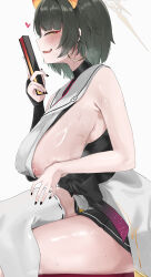 1girl absurdres black_hair blue_archive breasts bridal_gauntlets earrings folded_fan folding_fan from_side halo hand_fan heart highres holding holding_fan hoop_earrings horns huge_breasts japanese_clothes jewelry kimono miz_blank mole mole_under_eye nipple_slip nipples niya_(blue_archive) open_mouth orange_horns short_hair sideboob sideless_kimono single_bridal_gauntlet single_thighhigh sleeveless sleeveless_kimono solo sweat thighhighs unusually_open_eyes white_halo white_kimono white_thighhighs