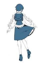 1girl blue_theme facing_away frilled_shirt frilled_sleeves frills from_behind fukurai_azami full_body long_sleeves monochrome puffy_long_sleeves puffy_sleeves shio_machi_(shio_town) shirt shoe_soles shoes short_hair simple_background skirt solo standing toshi_densetsu_kaitai_center white_background