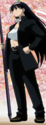 Rule 34 | 1girl, anime screenshot, azumanga daiou, banchou, black eyes, black hair, breasts, delinquent, female focus, flower, gakuran, headband, highres, jacket, large breasts, long hair, midriff, navel, open clothes, open jacket, ouendan, rose, sakaki (azumanga daioh), school uniform, serafuku, solo, staff, stitched, third-party edit, very long hair
