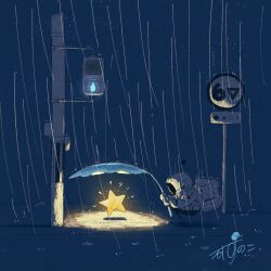 Rule 34 | 1other, ?, absurdres, animate object, artist name, astronaut, backpack, bag, commentary, gloves, glowing, helmet, highres, holding, holding leaf, kazunoko (kazunoko zunoco), leaf, leaf umbrella, lost child, original, outdoors, pedestrian lights, radio antenna, rain, road sign, sign, signature, space helmet, spacesuit, speed limit sign, squatting, star (symbol), white gloves