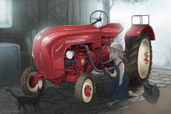 1girl barefoot blonde_hair cat dead-robot denim farm farmer farmwork female_focus gloves hat original overalls porsche repairing short_hair solo tractor wrench