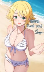 1girl :d aqua_eyes bare_arms beach bikini blonde_hair breasts collarbone commentary_request day highres idolmaster jewelry large_breasts looking_at_viewer navel necklace ocean open_mouth outdoors short_hair sidelocks signature smile solo standing surippa1010 swimsuit thank_you umeki_otoha white_bikini