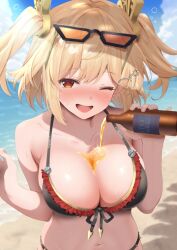 1girl ;d alcohol beach bikini black_bikini blonde_hair blue_sky blush bottle breasts brown_eyes burnice_white cleavage cloud day drunk eyewear_on_head frilled_bikini frills holding holding_bottle komugirakko large_breasts looking_at_viewer ocean one_eye_closed open_mouth outdoors short_hair sky smile solo sunglasses swimsuit twintails zenless_zone_zero