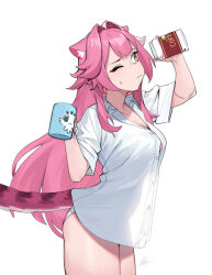 1girl alternate_costume animal_ear_fluff animal_ears breasts buttons collared_shirt dasdokter highres hololive hololive_english jar long_hair multicolored_hair one_eye_closed panther_ears panther_girl panther_tail panties pink_hair raora_panthera see-through_silhouette shirt short_sleeves smile solo streaked_hair tail underwear virtual_youtuber white_panties white_shirt yellow_eyes