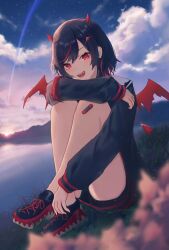 1girl absurdres achiki_(vtuber) bandaid bandaid_on_knee bandaid_on_leg black_hair black_shirt cloud demon_girl heart heart_tail highres horns indie_virtual_youtuber knees_up medium_hair nekoplanetouo on_grass open_mouth outdoors parted_bangs red_eyes red_horns red_wings sailor_collar sharp_teeth shirt shoes sitting sky sneakers star_(sky) starry_sky tail teeth torn_wings virtual_youtuber wings