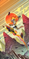 cliff cloud fire flying flying_nimbus gen_4_pokemon highres infernape itsdone2000 mountain mountainous_horizon nintendo plate pokemon pokemon_(creature) riding rock sunset
