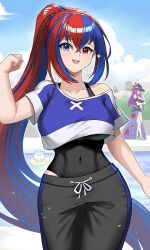 2girls abs bare_shoulders black_hat black_leotard blue_eyes blue_hair blue_one-piece_swimsuit blush braid breasts burnt_green_tea casual_one-piece_swimsuit cleavage clothing_cutout collarbone covered_navel crop_top cropped_shirt crossed_bangs crown_braid dress_swimsuit embarrassed female_alear_(fire_emblem) fire_emblem fire_emblem_engage fire_emblem_heroes flower hair_between_eyes hat hat_flower heterochromia highres ivy_(fire_emblem) ivy_(summer)_(fire_emblem) large_breasts leotard long_hair looking_at_viewer medium_breasts multicolored_hair multiple_girls navel nintendo official_alternate_costume official_alternate_hairstyle one-piece_swimsuit open_mouth pants ponytail pool poolside purple_eyes purple_hair red_eyes red_hair shirt short_sleeves smile sommie_(fire_emblem) split-color_hair stomach stomach_cutout sweat sweatdrop sweatpants swimsuit two-tone_hair very_long_hair workout_clothes