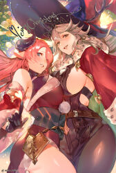 2girls antler_ornament antlers_through_headwear black_dress black_gloves braid breasts breasts_squeezed_together cleavage crown_braid draph dress fur-trimmed_dress fur-trimmed_sleeves fur_trim gloves granblue_fantasy hair_over_one_eye hat horns large_breasts large_hat long_hair looking_at_viewer magisa_(granblue_fantasy) magisa_(holiday)_(granblue_fantasy) mcmclunar_(kaz) multiple_girls narmaya_(granblue_fantasy) narmaya_(holiday)_(granblue_fantasy) official_alternate_costume pointy_ears santa_costume santa_dress sideboob white_hair witch_hat