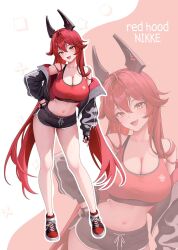 1girl bare_shoulders black_gloves black_horns black_jacket black_shorts blush breasts cleavage commentary crop_top dolphin_shorts fang fingerless_gloves full_body gloves goddess_of_victory:_nikke hand_on_own_hip highres horns jacket kottungyang large_breasts long_hair long_sleeves looking_at_viewer mechanical_horns navel off_shoulder open_clothes open_jacket open_mouth puffy_long_sleeves puffy_sleeves red_hair red_hood_(nikke) red_shoes red_sports_bra shoes short_shorts shorts skin_fang smile sports_bra standing symbol-only_commentary very_long_hair yellow_eyes zoom_layer
