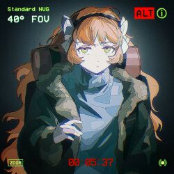 Rule 34 | 1girl, black jacket, bow, brown hairband, closed mouth, fur-trimmed jacket, fur-trimmed sleeves, fur trim, gloves, hair bow, hairband, highres, ishmael (identity archive) (project moon), ishmael (project moon), jacket, limbus company, long hair, looking at viewer, orange eyes, orange hair, project moon, rope, sidelocks, solo, upper body, very long hair, white bow, white gloves, zhizhizi