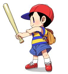 1boy backpack bag bare_arms baseball_bat baseball_cap black_eyes black_hair blue_shirt blue_shorts brown_bag buckle child closed_mouth denim denim_shorts from_side full_body hand_on_own_arm happy hat holding holding_baseball_bat kneehighs knees light_blush looking_ahead male_focus mother_(series) mother_2 ness_(mother_2) nintendo pocket red_hat red_shoes shadow shirt shoes short_hair short_sleeves shorts simple_background smile sneakers socks solid_oval_eyes solo striped_clothes striped_shirt suno_(imydream) t-shirt two-tone_shirt white_background white_socks yellow_shirt