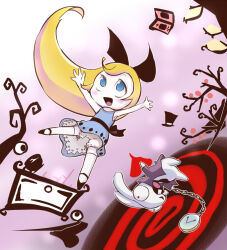 1boy 1girl alice&#039;s_adventures_in_wonderland alice_(alice_in_wonderland) alice_in_wonderland_(tim_burton) animal black_bow black_hat black_necktie black_shoes blonde_hair bloomers blue_dress blue_eyes blush bow buck_teeth colored_skin cup disney dress eyeball floating flower hair_bow handheld_game_console hat jacket k-nattoh long_hair long_sleeves looking_up mary_janes necktie nintendo nintendo_ds open_clothes open_jacket open_mouth pale_skin pocket_watch portal_(object) purple_background purple_jacket rabbit shoes sleeveless sleeveless_dress smile spiral table teacup teeth thighhighs top_hat tree underwear unworn_hat unworn_headwear upskirt waist_bow watch white_bloomers white_flower white_fur white_rabbit_(alice_in_wonderland) white_skin white_thighhighs