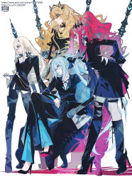 4girls absurdres asymmetrical_legwear axe baobhan_sith_(fate) barghest_(fate) bent_over black_bow black_jacket black_pants black_shirt black_skirt blonde_hair blue_eyes blue_hair boots bow breasts chair closed_mouth collared_jacket collared_shirt crossed_legs crown earrings eeju expressionless fate/grand_order fate_(series) frown full_body glasses grey_eyes hair_between_eyes hair_ornament hair_ribbon hand_on_own_hip hand_on_own_knee high_collar high_heel_boots high_heels highres holding holding_axe hoop_earrings jacket jewelry knee_boots lace-up_boots leaning_forward light_blue_hair long_hair long_legs looking_to_the_side medium_breasts melusine_(fate) morgan_le_fay_(fate) multiple_girls pants pantyhose parted_lips pink_hair pointy_ears polearm ponytail red-tinted_eyewear red_hair ribbon semi-rimless_eyewear shirt sidelocks sitting skirt small_breasts smile spear spiked_knuckles standing sunglasses thigh_strap tinted_eyewear torn_clothes torn_pantyhose very_long_hair watermark weapon weibo_watermark white_background white_hair white_shirt yellow_eyes zipper