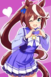 1girl ;d absurdres animal_ears back_bow blue_eyes bow bowtie brown_hair commentary cowboy_shot ear_ornament frilled_skirt frills hair_ribbon heart heart_hands highres horse_ears horse_girl horse_tail horseshoe_ornament kiyosuke_(kiyosuke023) long_hair long_sleeves looking_at_viewer miniskirt multicolored_hair one_eye_closed open_mouth outline pink_ribbon pleated_skirt ponytail purple_background purple_sailor_collar purple_shirt purple_skirt ribbon sailor_collar school_uniform serafuku shirt skirt smile solo standing streaked_hair tail tokai_teio_(umamusume) tracen_school_uniform two-tone_hair umamusume white_bow white_bowtie white_hair white_outline winter_uniform