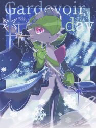 artist_name bob_cut character_name colored_skin dress gardevoir gardevoir_(royal_winter) gardevoir_day gen_3_pokemon green_hair green_skin hair_over_one_eye highres looking_at_viewer multicolored_skin nintendo parted_lips pink_eyes pokemon pokemon_(creature) pokemon_cafe_remix runachikku snowflakes spoon tiara two-tone_skin veil waist_cape white_dress white_skin