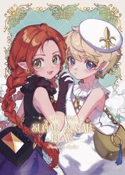 Rule 34 | 2girls, :d, absurdres, artist name, bag, beebee1120, black dress, black gloves, blonde hair, blue background, blush, chocolat meilleure, commentary, copyright name, dress, fangs, gloves, green eyes, hat, highres, holding hands, long hair, looking at viewer, multiple girls, open mouth, parted lips, pointy ears, purple eyes, red hair, short hair, sleeveless, sleeveless dress, smile, sugar sugar rune, symbol-only commentary, upper body, vanilla mieux, white dress, white gloves, white hat