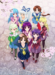 6+girls absurdres alternate_costume annotated asamiya_athena blonde_hair blue_eyes blue_hair braid brown_eyes brown_hair capcom cherry_blossoms days_of_memories fatal_fury green_hair hatsushiro_athena highres kula_diamond long_hair majikina_mina multiple_girls official_art pantyhose ponytail purple_hair red_eyes ribbon rose_bernstein ryuuko_no_ken samurai_spirits school_uniform senno_aki serafuku shiranui_mai short_hair single_braid skirt snk the_king_of_fighters white_hair xiao_lon aged_down yuri_sakazaki